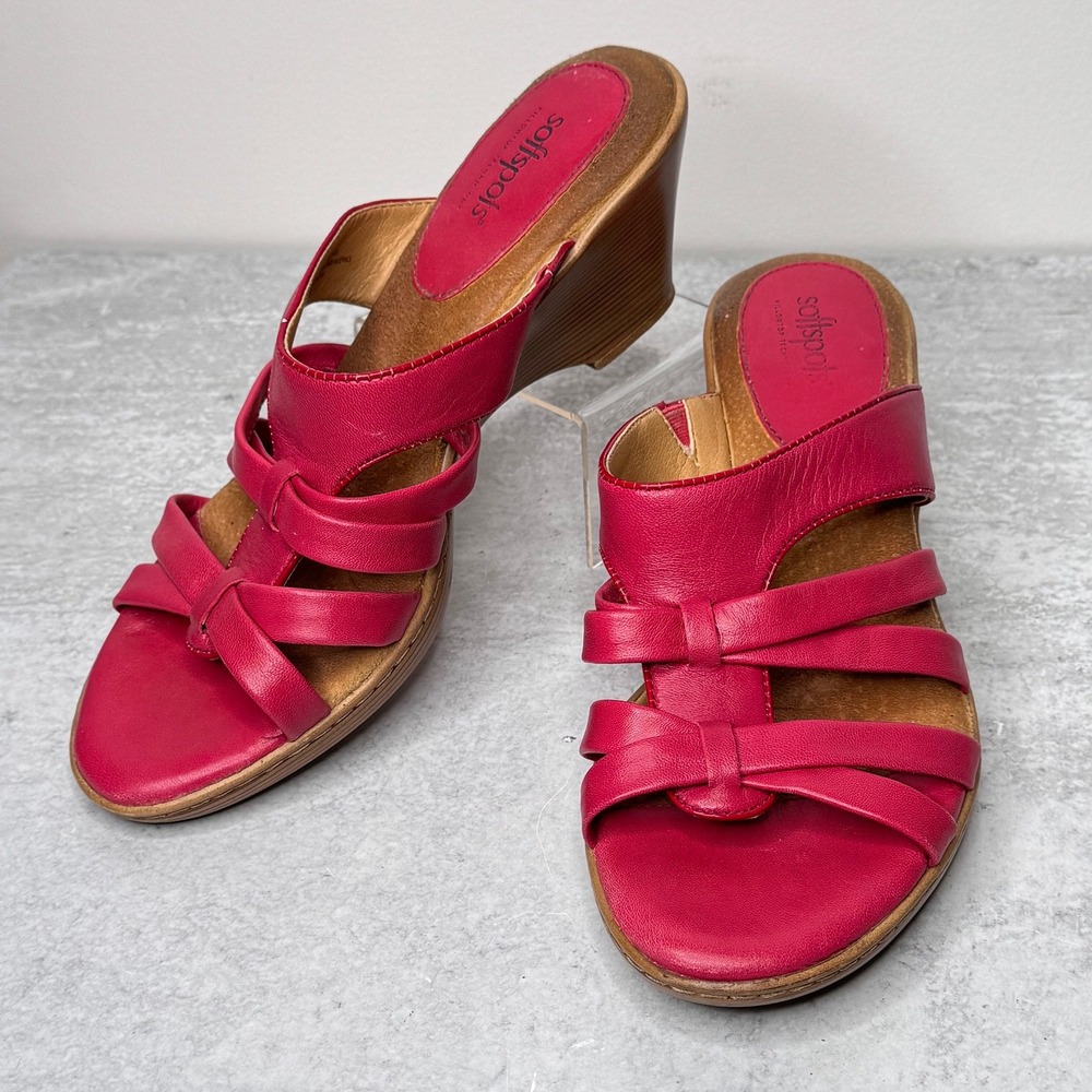 Softspots Pink Leather Wedge Sandals Strappy Detail Size 10M Comfort